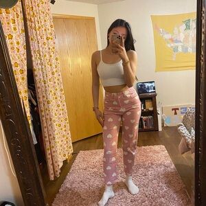 pink & white high rise heart printed mom jeans